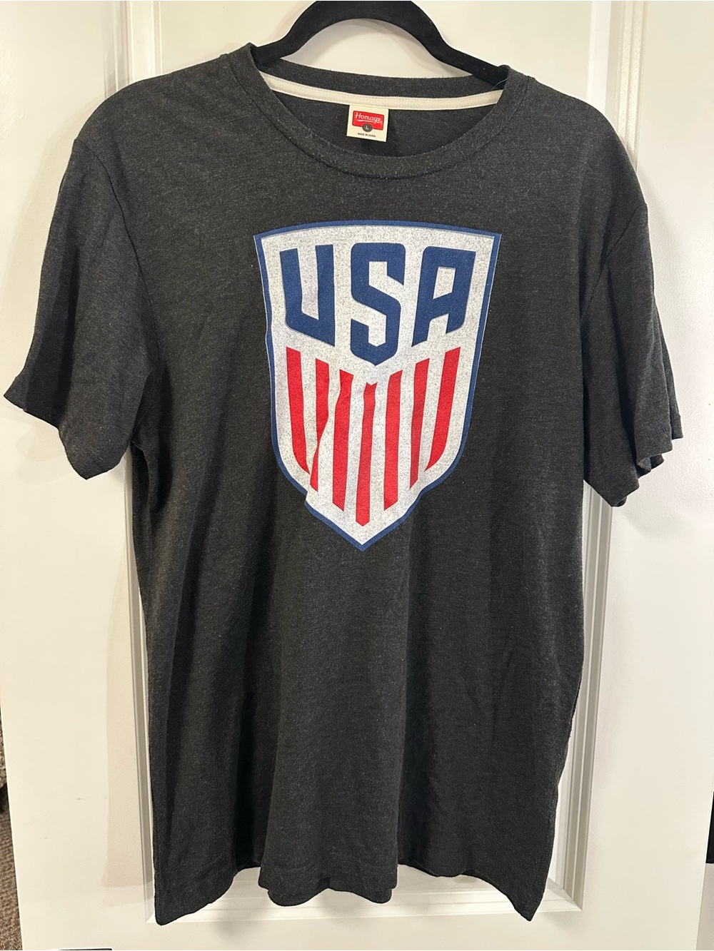 HOMAGE Charcoal USA Shield Tee with Red & Blue Graphic
